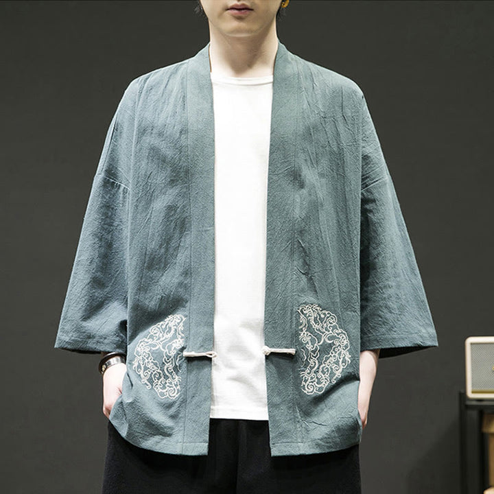 Buddha Stones Solid Auspicious Clouds Offene Vorderseite Langarmjacke Herren Baumwoll-Kimono - image 1