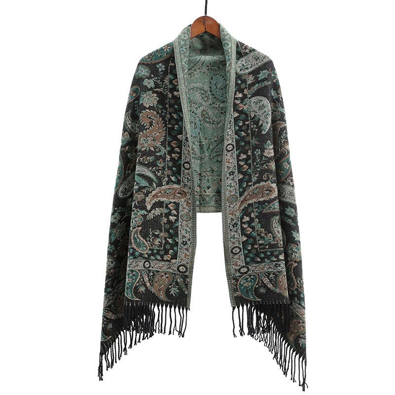 Buddha Stones Ethnic Besticktes Paisley Blumen Muster Quaste Weicher Schal Schal - Mittelseegrün - image 16