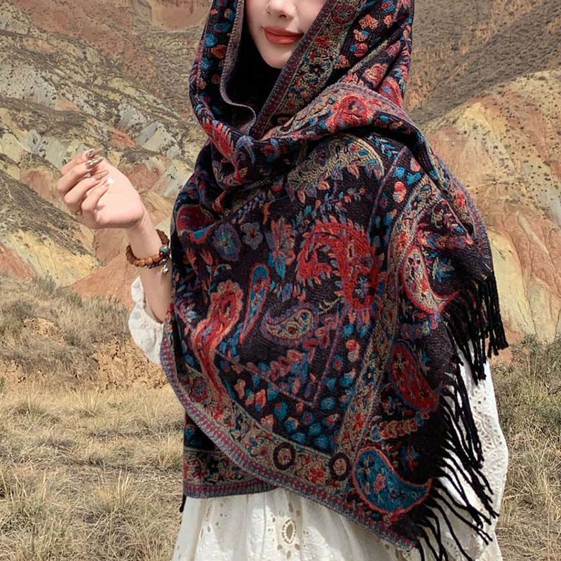 Buddha Stones Ethnic Besticktes Paisley Blumen Muster Quaste Weicher Schal Schal - image 2