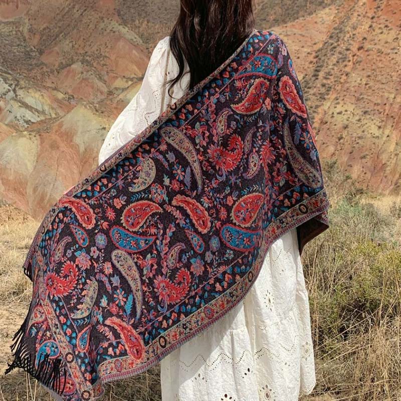 Buddha Stones Ethnic Besticktes Paisley Blumen Muster Quaste Weicher Schal Schal - Schwarz - image 0