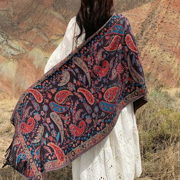 Buddha Stones Ethnic Besticktes Paisley Blumen Muster Quaste Weicher Schal Schal - Schwarz - image 0