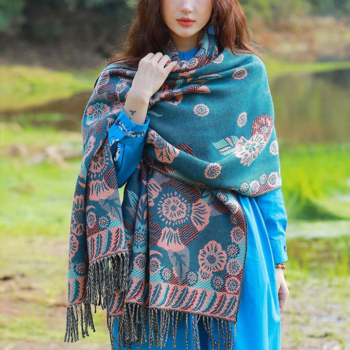 Buddha Stones Jacquard Ethnic Paisley Pflanzen Muster Quaste Weicher Thermoschal Schal - Helles Meergrün mit Blumenmuster - 70-190 cm - image 19