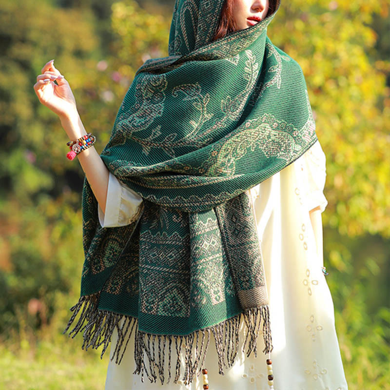 Buddha Stones Jacquard Ethnic Paisley Pflanzen Muster Quaste Weicher Thermoschal Schal - Mittelmeergrüne Reben - 70-190 cm - image 0