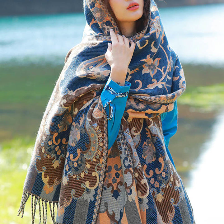 Buddha Stones Jacquard Ethnic Paisley Pflanzen Muster Quaste Weicher Thermoschal Schal - SteelBlue Vines Floral - 70-190 cm - image 7