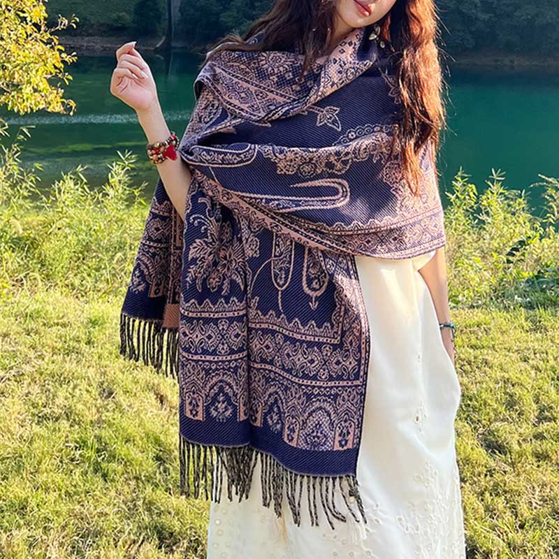 Buddha Stones Jacquard Ethnic Paisley Pflanzen Muster Quaste Weicher Thermoschal Schal - Indigo-Paisley - 70-190 cm - image 10
