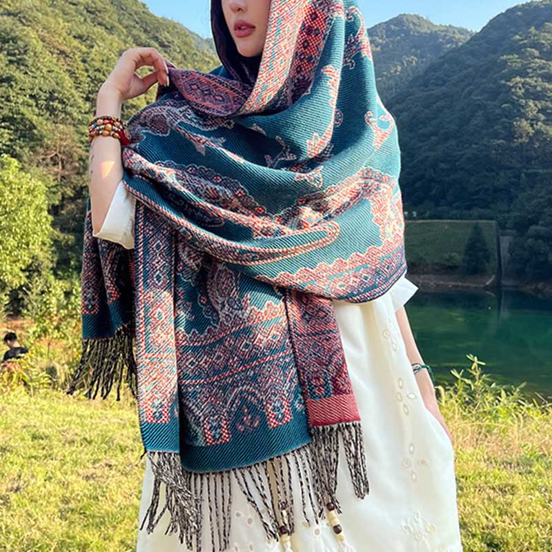 Buddha Stones Jacquard Ethnic Paisley Pflanzen Muster Quaste Weicher Thermoschal Schal - Dunkelblaue Rankenblüten - 70–190 cm - image 8