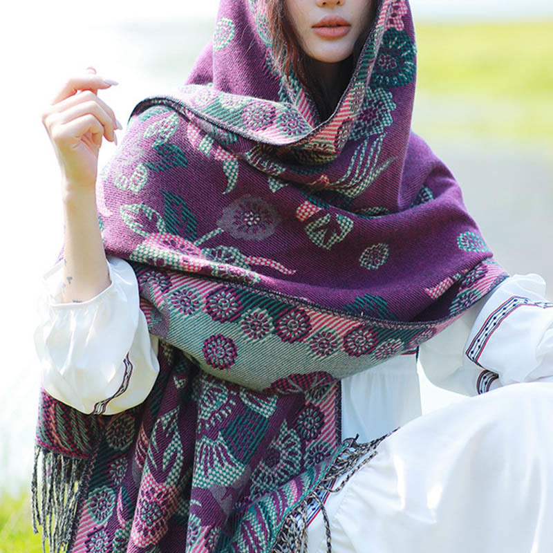 Buddha Stones Jacquard Ethnic Paisley Pflanzen Muster Quaste Weicher Thermoschal Schal - Lila Blumen - 70–190 cm - image 28