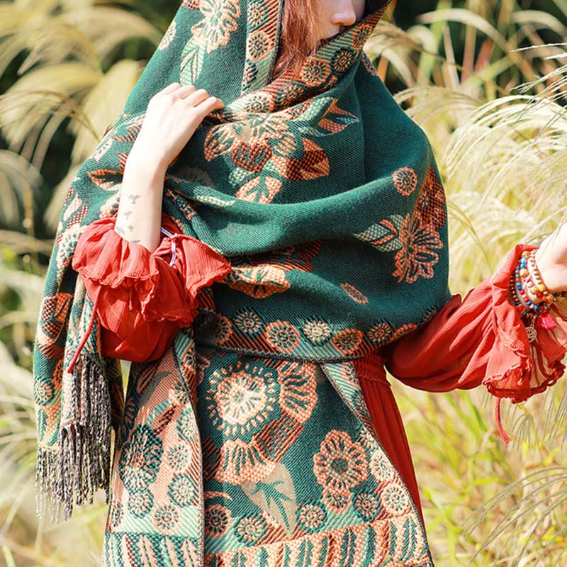 Buddha Stones Jacquard Ethnic Paisley Pflanzen Muster Quaste Weicher Thermoschal Schal - Seegrünes Blumenmuster - 70-190 cm - image 31