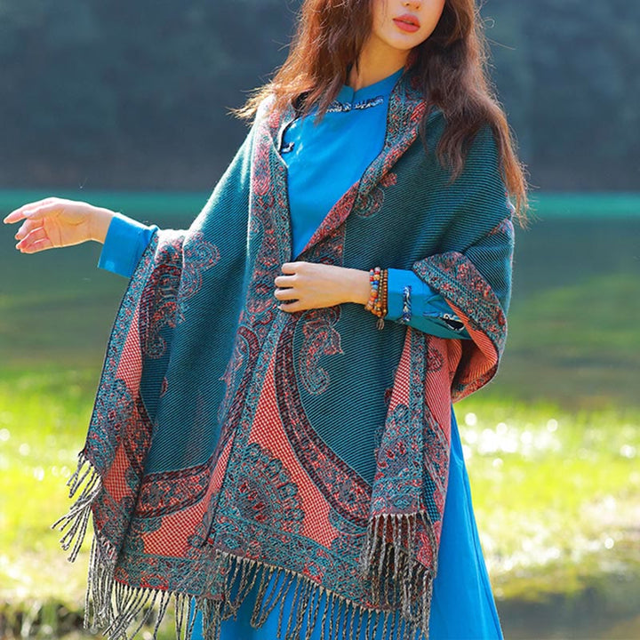 Buddha Stones Jacquard Ethnic Paisley Pflanzen Muster Quaste Weicher Thermoschal Schal - Dunkelblaues Paisley - 70–190 cm - image 43