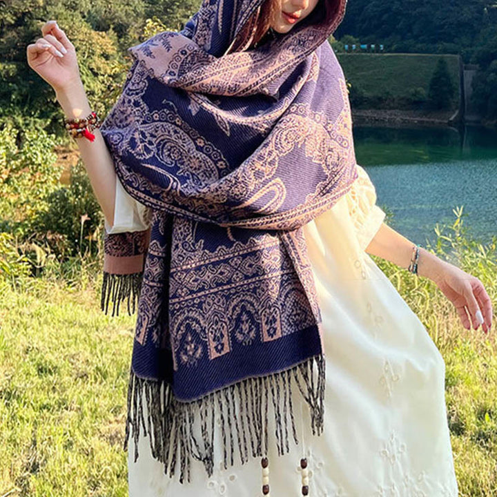 Buddha Stones Jacquard Ethnic Paisley Pflanzen Muster Quaste Weicher Thermoschal Schal - image 11