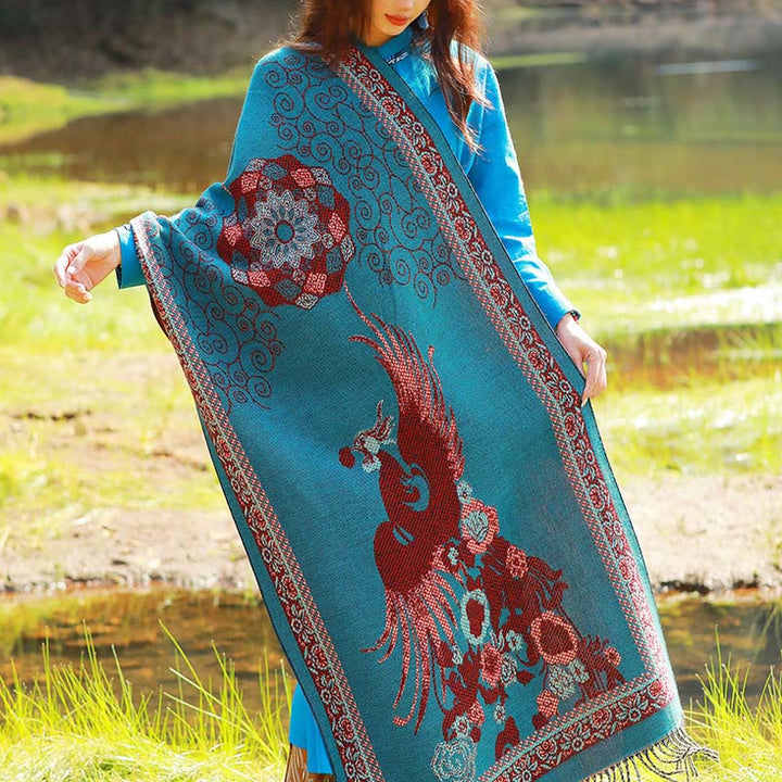 Buddha Stones Jacquard Ethnic Paisley Pflanzen Muster Quaste Weicher Thermoschal Schal - Dunkelblaue Ranken, Vogelblumen - 70–190 cm - image 45