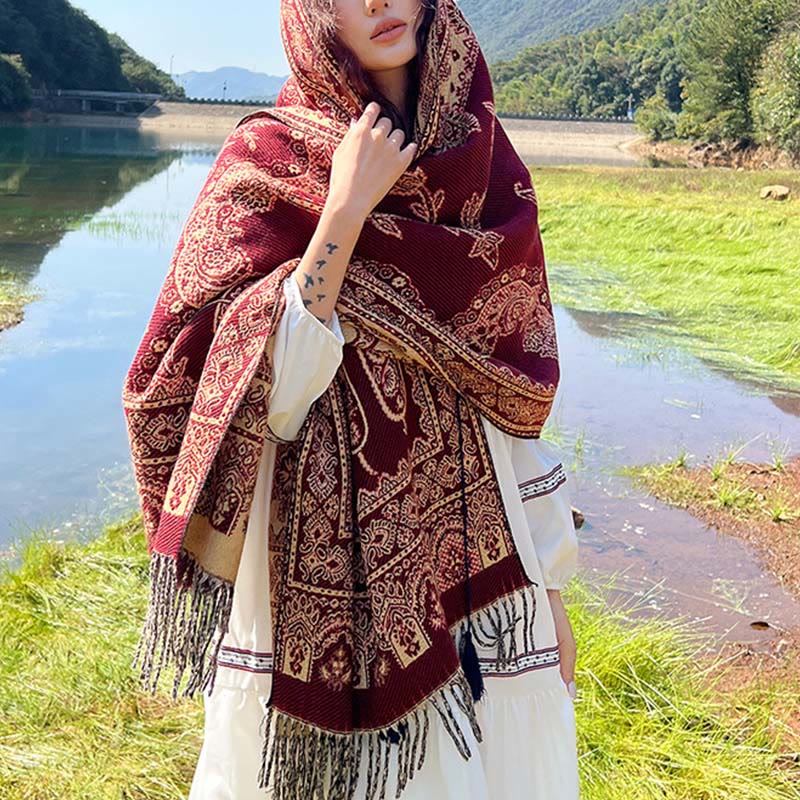 Buddha Stones Jacquard Ethnic Paisley Pflanzen Muster Quaste Weicher Thermoschal Schal - Purpurrote Paisley-Ranken - 70–190 cm - image 14