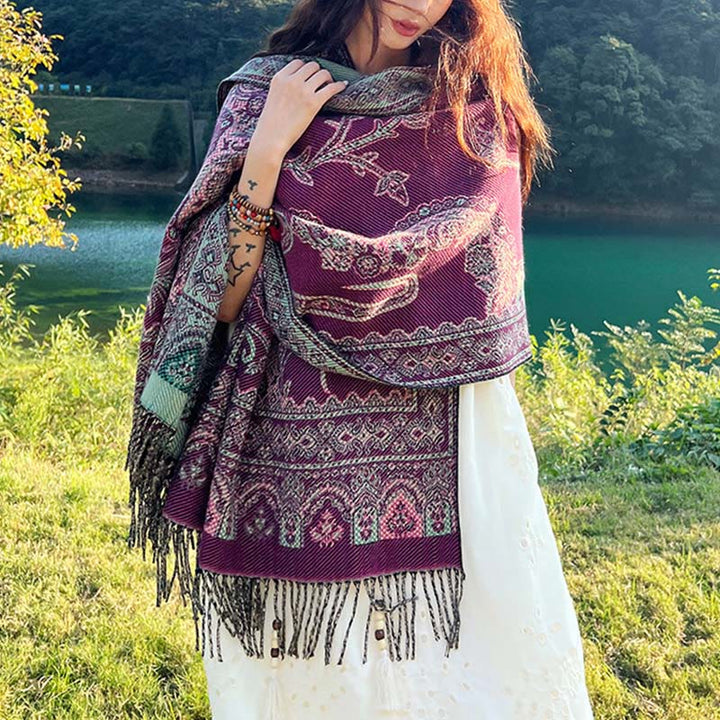 Buddha Stones Jacquard Ethnic Paisley Pflanzen Muster Quaste Weicher Thermoschal Schal - Dunkelmagenta Paisley-Ranken - 70-190 cm - image 15