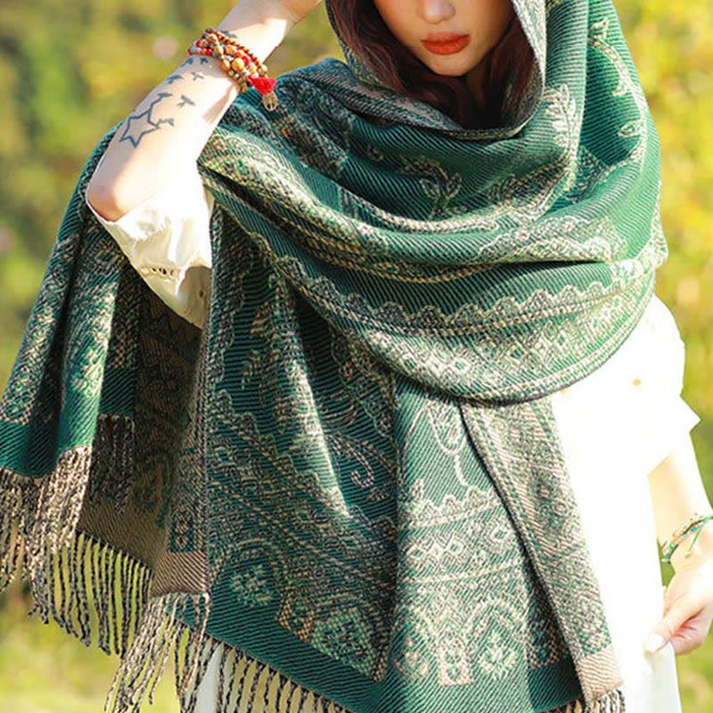 Buddha Stones Jacquard Ethnic Paisley Pflanzen Muster Quaste Weicher Thermoschal Schal - image 1