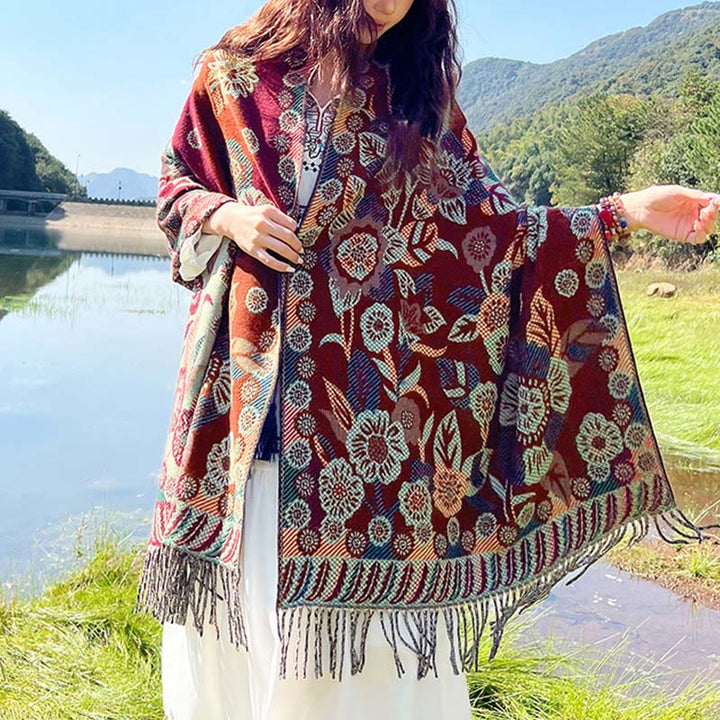 Buddha Stones Jacquard Ethnic Paisley Pflanzen Muster Quaste Weicher Thermoschal Schal - Dunkelrotes Blumenmuster - 70–190 cm - image 25