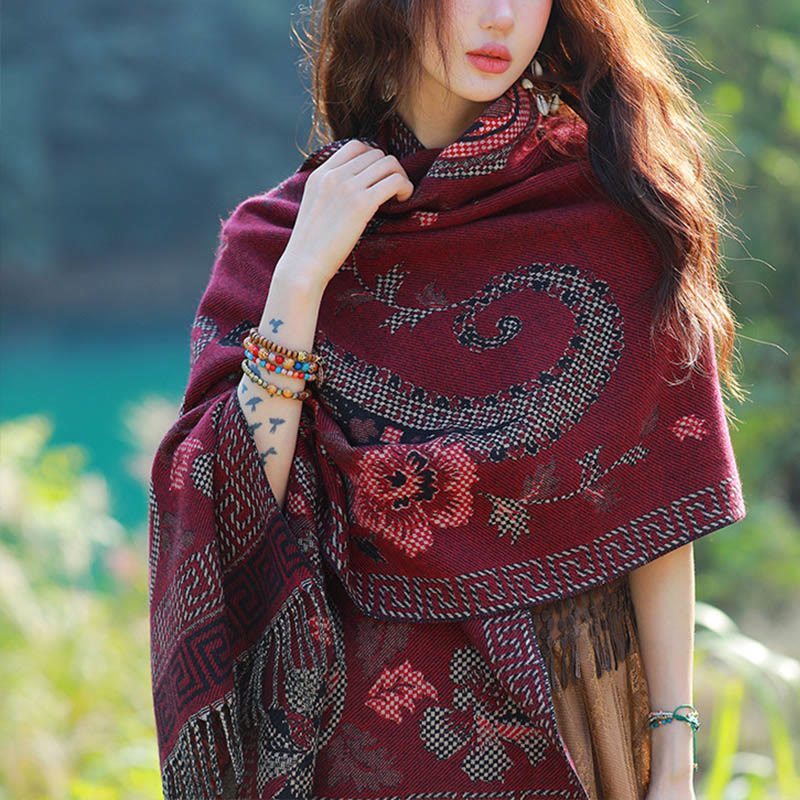 Buddha Stones Jacquard Ethnic Paisley Pflanzen Muster Quaste Weicher Thermoschal Schal - Dunkelrotes Blumen-Paisley - 70–190 cm - image 38