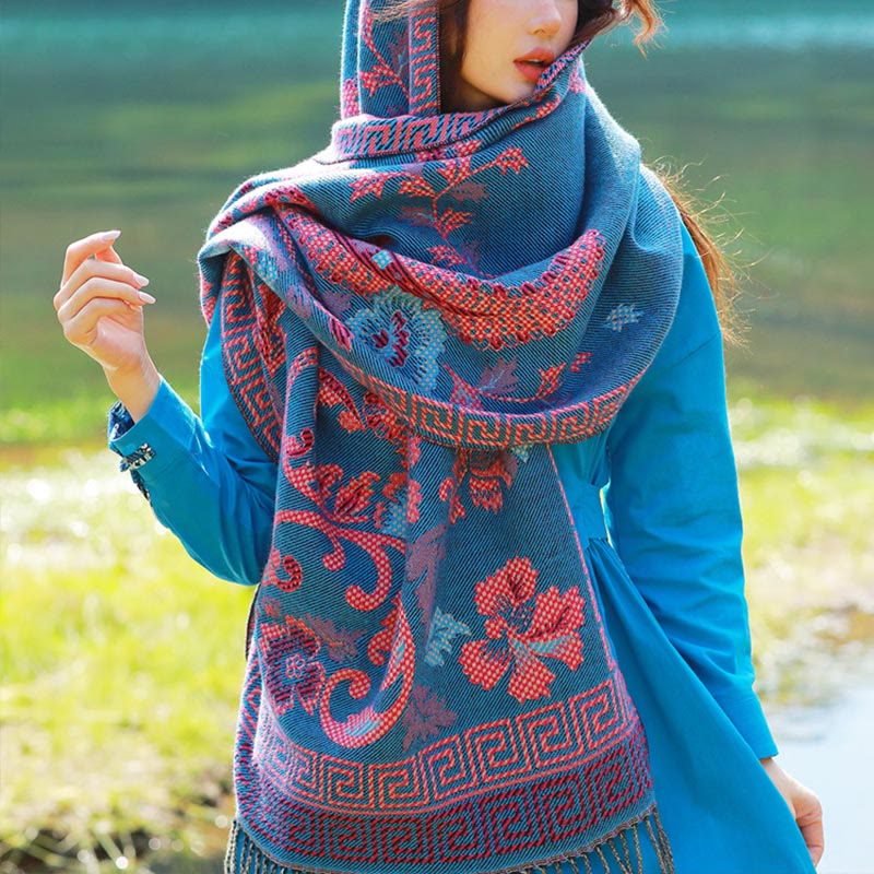 Buddha Stones Jacquard Ethnic Paisley Pflanzen Muster Quaste Weicher Thermoschal Schal - Stahlblaues Blumenmuster - 70-190 cm - image 37