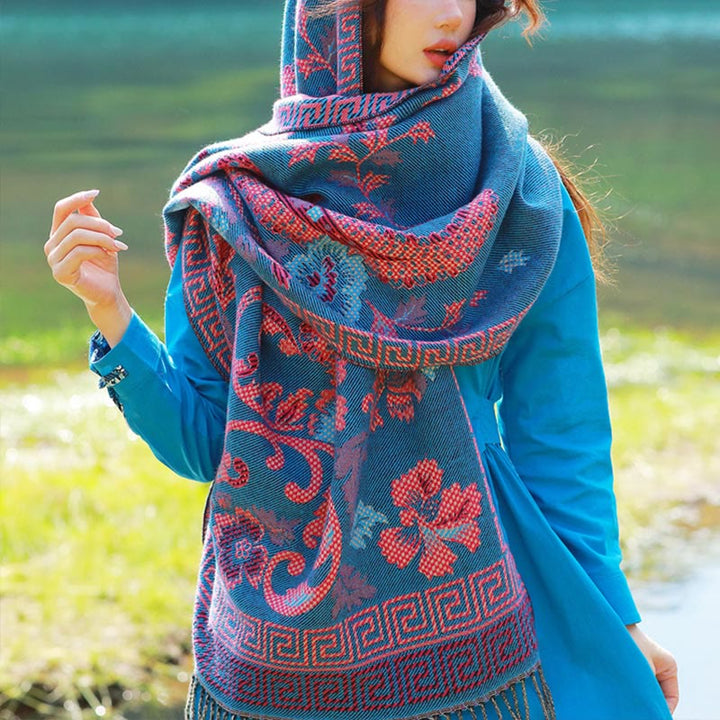 Buddha Stones Jacquard Ethnic Paisley Pflanzen Muster Quaste Weicher Thermoschal Schal - Stahlblaues Blumenmuster - 70-190 cm - image 37
