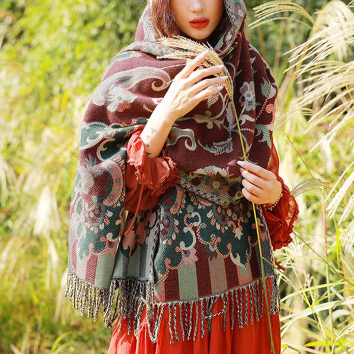 Buddha Stones Jacquard Ethnic Paisley Pflanzen Muster Quaste Weicher Thermoschal Schal - Dunkelrotes Paisley - 70–190 cm - image 3
