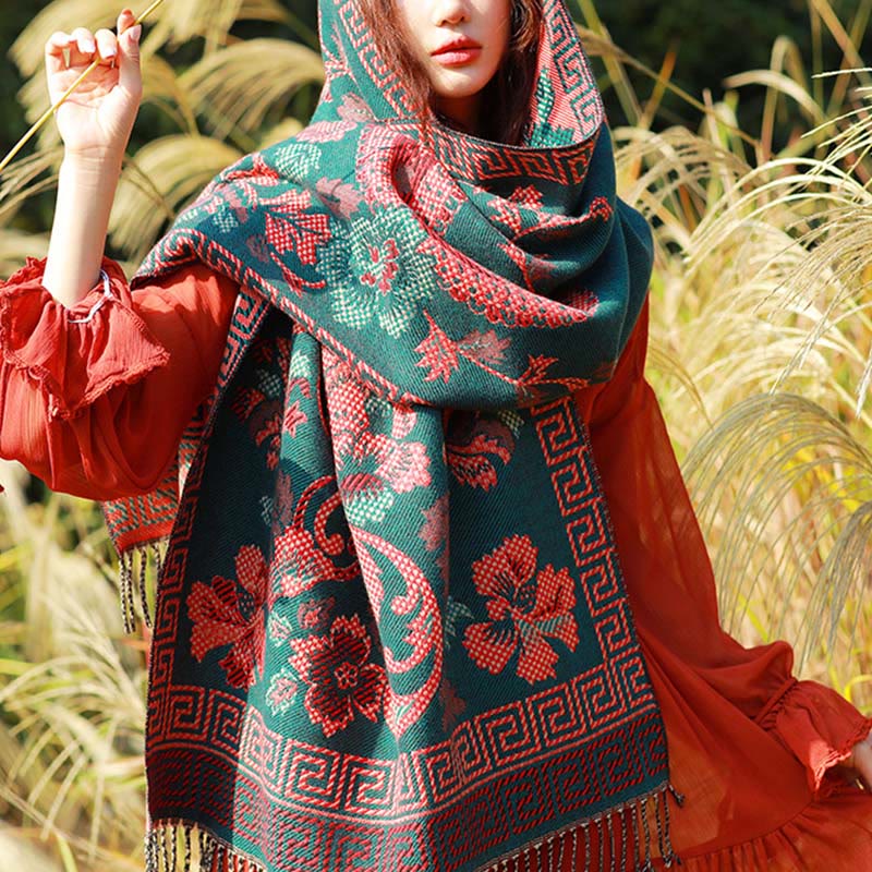 Buddha Stones Jacquard Ethnic Paisley Pflanzen Muster Quaste Weicher Thermoschal Schal - Dunkelcyanfarbene Blüten - 70–190 cm - image 34
