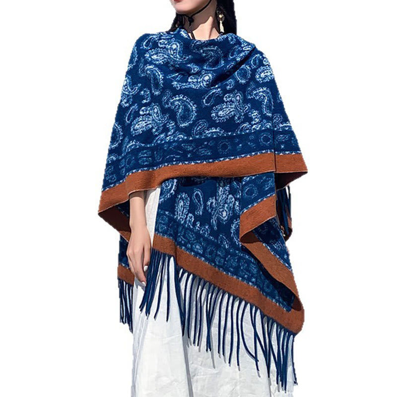 Buddha Stones Marineblau Paisley-Muster Patchwork-Design Quaste Schal Schal - image 7