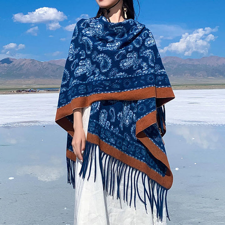 Buddha Stones Marineblau Paisley-Muster Patchwork-Design Quaste Schal Schal - image 2