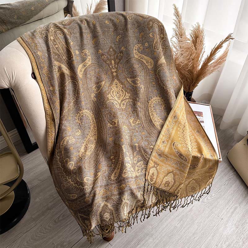 Buddha Stones Frühlings-Schal mit floralem Paisley-Muster und Quasten - Goldrute - 195 x 70 cm - image 12