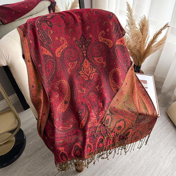 Buddha Stones Frühlings-Schal mit floralem Paisley-Muster und Quasten - Purpurrot - 195 x 70 cm - image 16