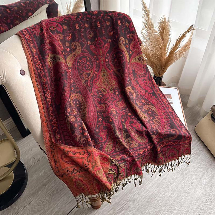Buddha Stones Frühlings-Schal mit floralem Paisley-Muster und Quasten - Dunkelrot - 195 x 70 cm - image 4