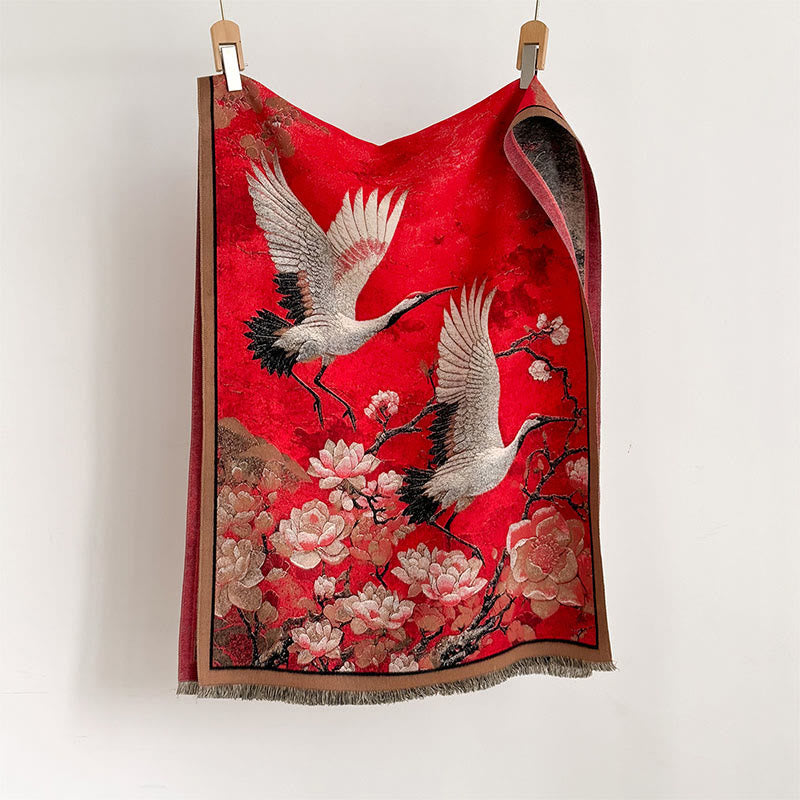 Buddha Stones ​​Herbst Kranich Lotus Pflaumenblüte Muster Quasten Gemütlicher weicher Schal Schal - image 1