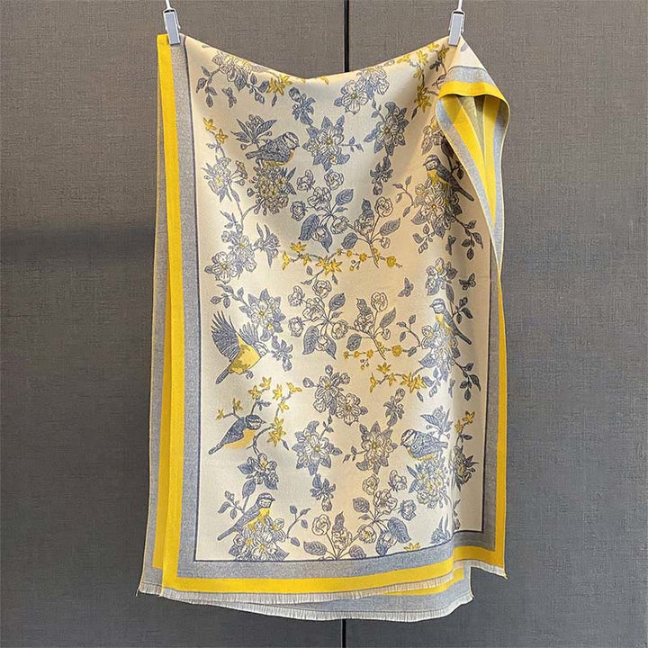 Buddha Stones ​​Pendeln Blumen Vogel Muster Farbe Kontrast Design Quasten Gemütlicher weicher Schal Schal - Gelb - 190 x 65 cm - image 2