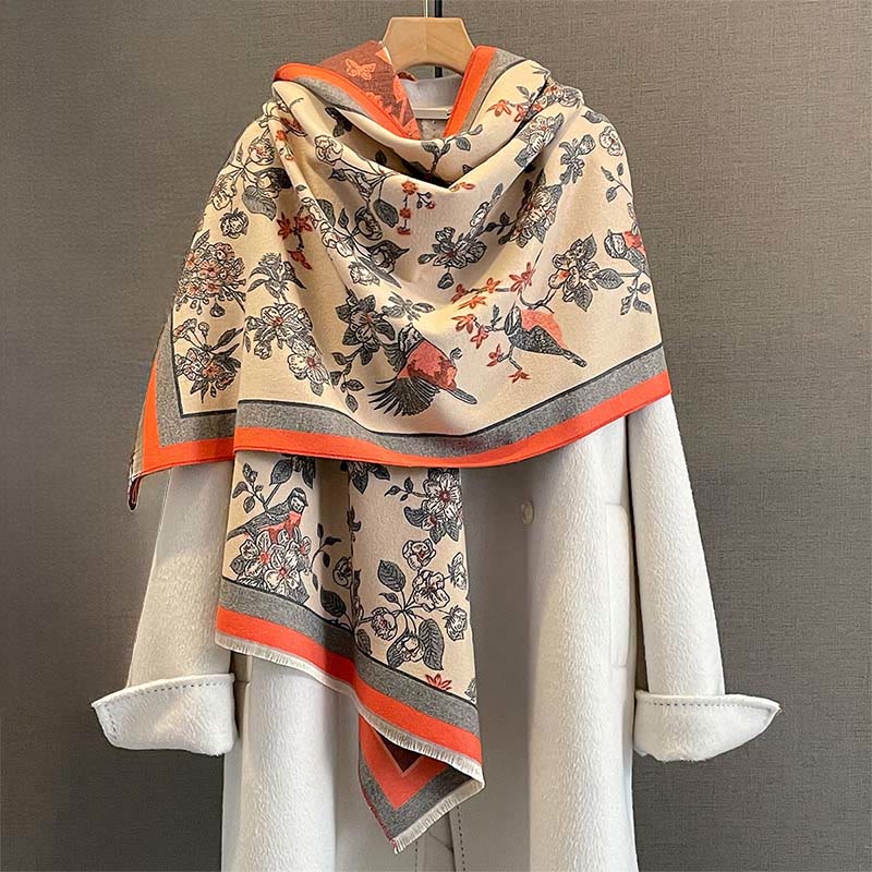 Buddha Stones ​​Pendeln Blumen Vogel Muster Farbe Kontrast Design Quasten Gemütlicher weicher Schal Schal - OrangeRot - 190*65 cm - image 0