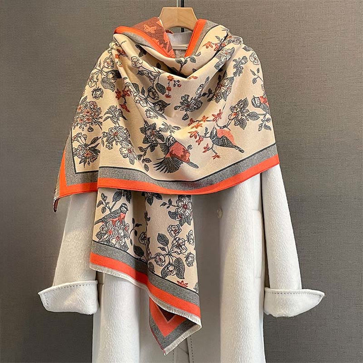 Buddha Stones ​​Pendeln Blumen Vogel Muster Farbe Kontrast Design Quasten Gemütlicher weicher Schal Schal - OrangeRot - 190*65 cm - image 0