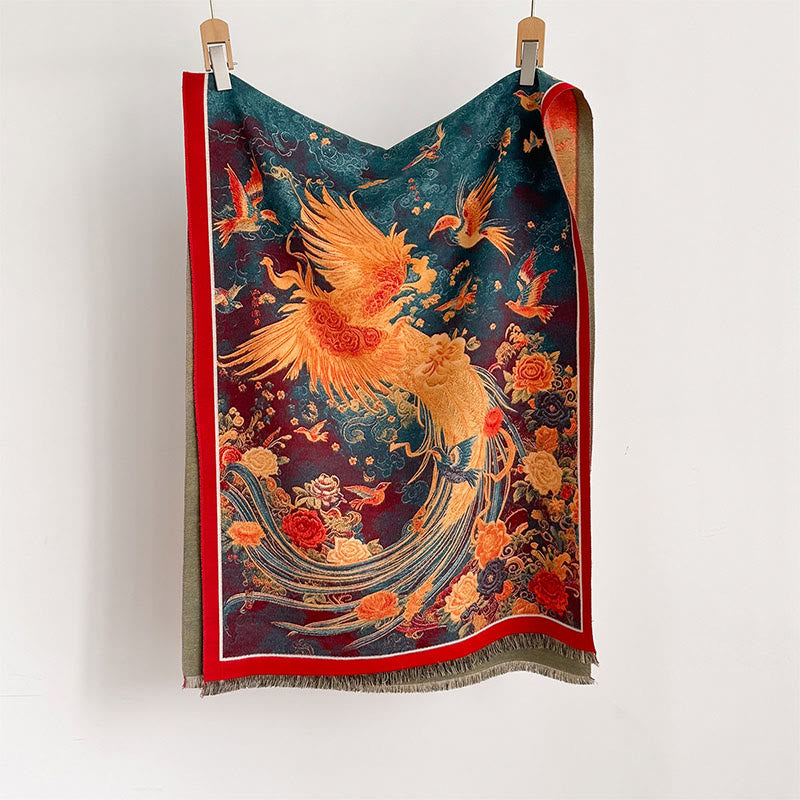 Buddha Stones ​​Winter Phoenix Blumen Vögel Muster Quasten Thermal Weicher Schal Schal - image 1