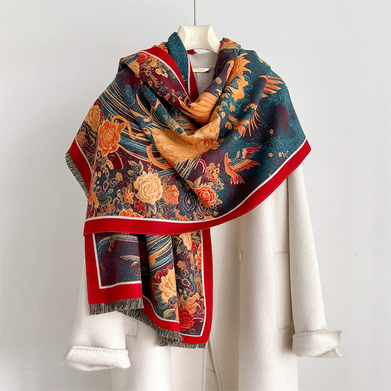 Buddha Stones ​​Winter Phoenix Blumen Vögel Muster Quasten Thermal Weicher Schal Schal - Türkis - 180 x 65 cm - image 0