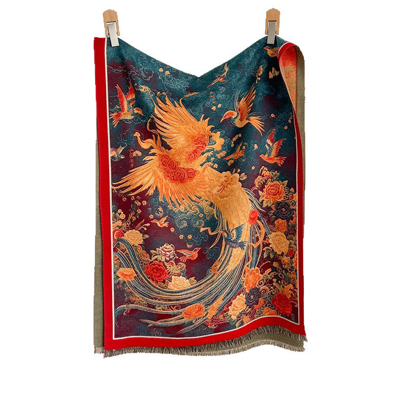 Buddha Stones ​​Winter Phoenix Blumen Vögel Muster Quasten Thermal Weicher Schal Schal - image 5