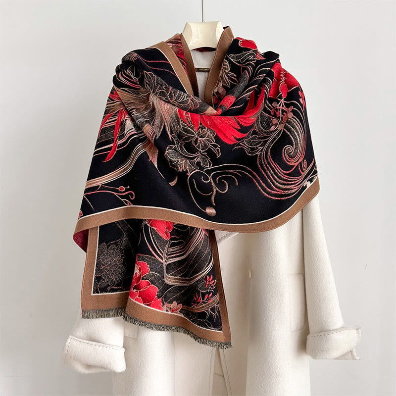 Buddha Stones Winter Thermal Phoenix Blumen Muster Quasten Weicher Schal Schal - Schwarz - 180*65cm - image 0