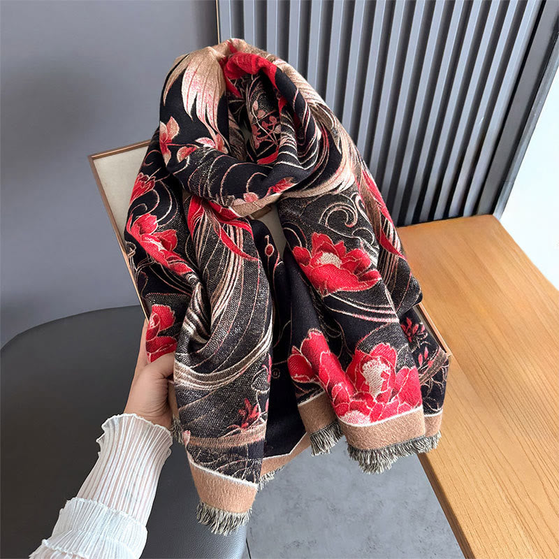 Buddha Stones Winter Thermal Phoenix Blumen Muster Quasten Weicher Schal Schal - image 2