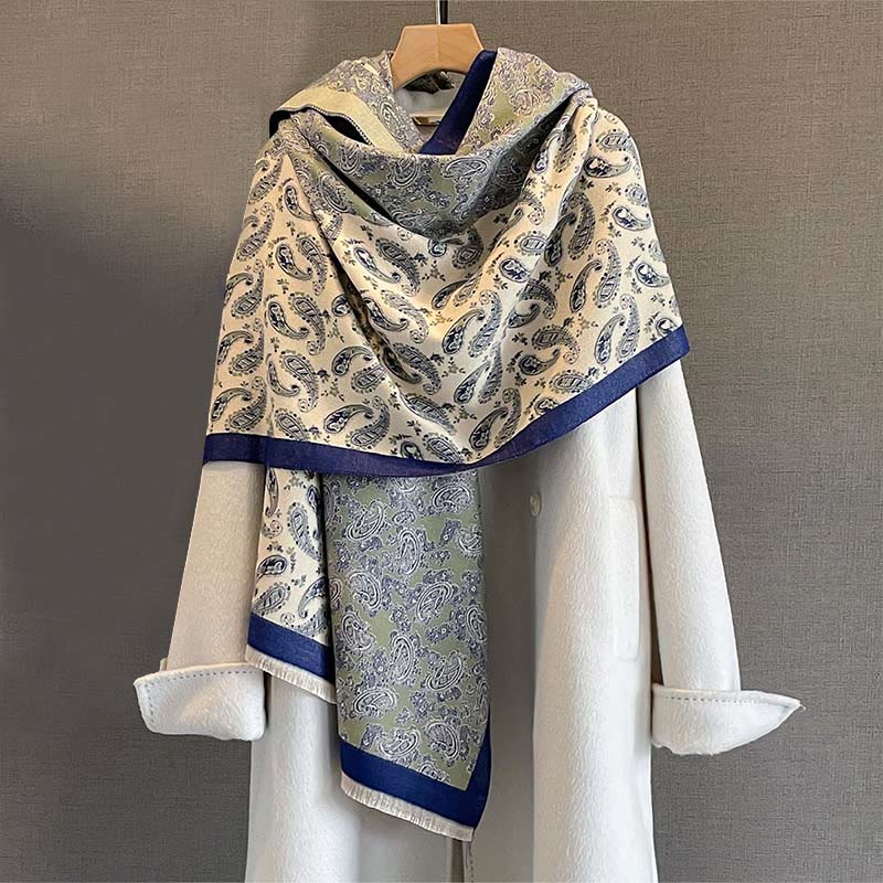 Buddha Stones Thermal Ethnic Paisley Farbkontrast Patchwork Muster Weicher Schal Schal - DunkelMeergrün - 190*65cm - image 0