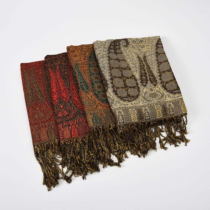 Buddha Stones Jacquard Farbkontrast Patchwork Paisley Muster Quaste Gemütlicher Schal - image 9