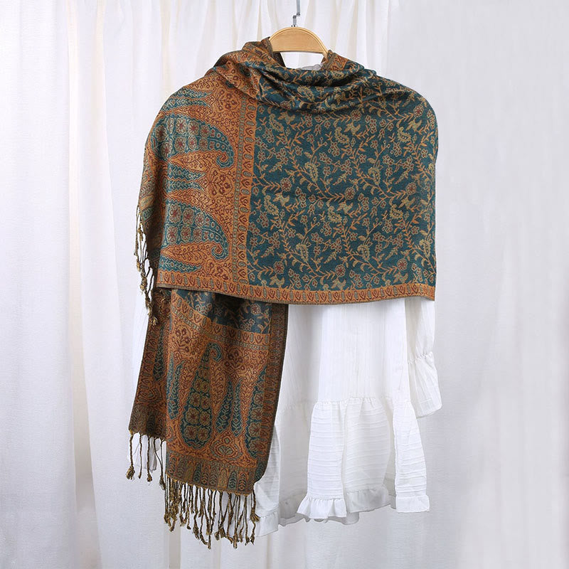 Buddha Stones Jacquard Farbkontrast Patchwork Paisley Muster Quaste Gemütlicher Schal - image 5