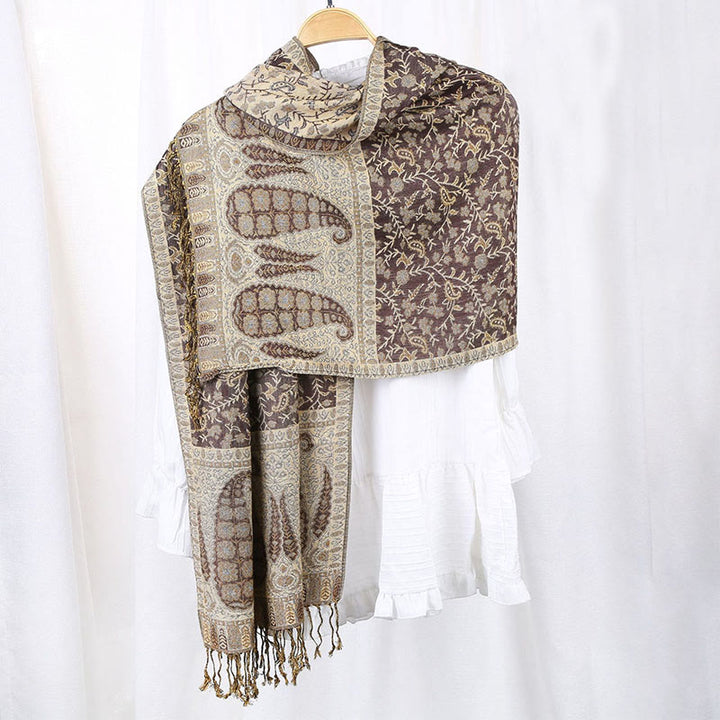 Buddha Stones Jacquard Farbkontrast Patchwork Paisley Muster Quaste Gemütlicher Schal - image 3