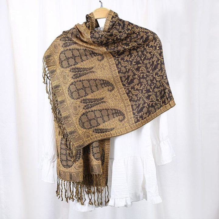 Buddha Stones Jacquard Farbkontrast Patchwork Paisley Muster Quaste Gemütlicher Schal - Goldrute - image 0