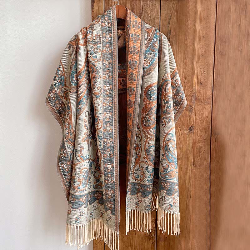 Buddha Stones Winter Pendeln Thermal Paisley Blumenmuster Quaste gemütlich Schal Schal - Leinen - 200*65cm - image 0