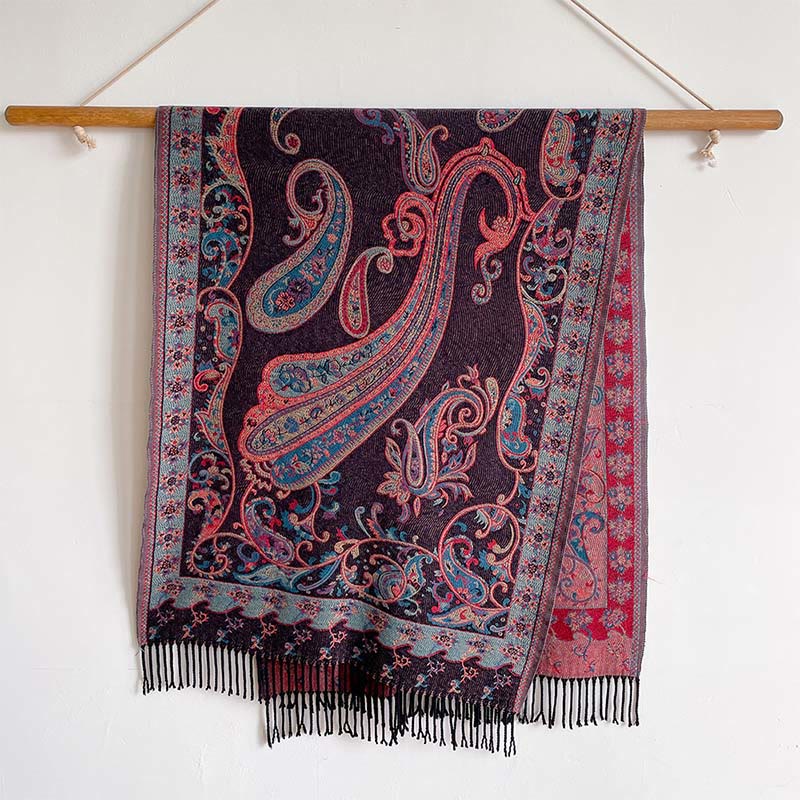 Buddha Stones Winter Pendeln Thermal Paisley Blumenmuster Quaste gemütlich Schal Schal - DunkelMagenta - 200*65cm - image 4