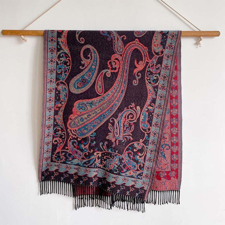 Buddha Stones Winter Pendeln Thermal Paisley Blumenmuster Quaste gemütlich Schal Schal - DunkelMagenta - 200*65cm - image 4