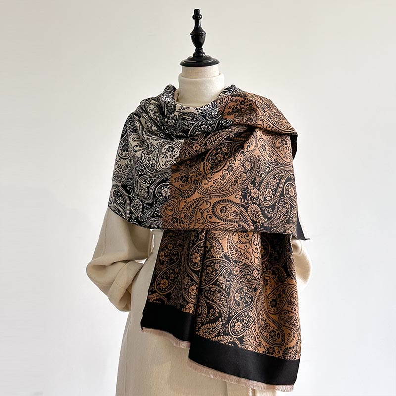 Buddha Stones Winter Thermal Farblich passende Paisley Ranken Muster Quaste Gemütlicher Schal - Schwarz - 185*65cm - image 0