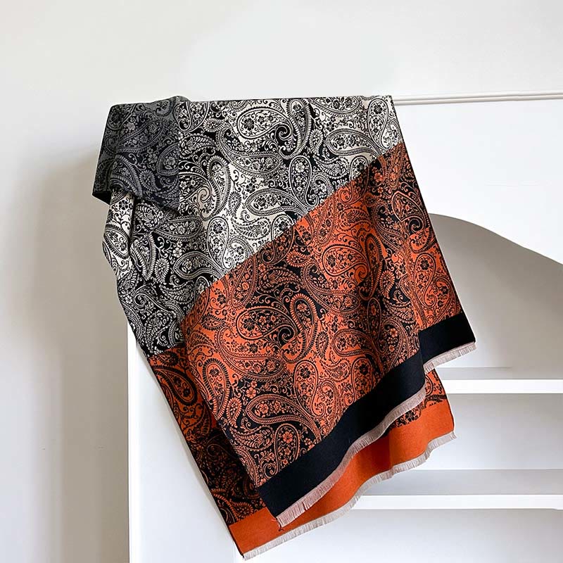 Buddha Stones Winter Thermal Farblich passende Paisley Ranken Muster Quaste Gemütlicher Schal - DunkelOrange - 185*65cm - image 2