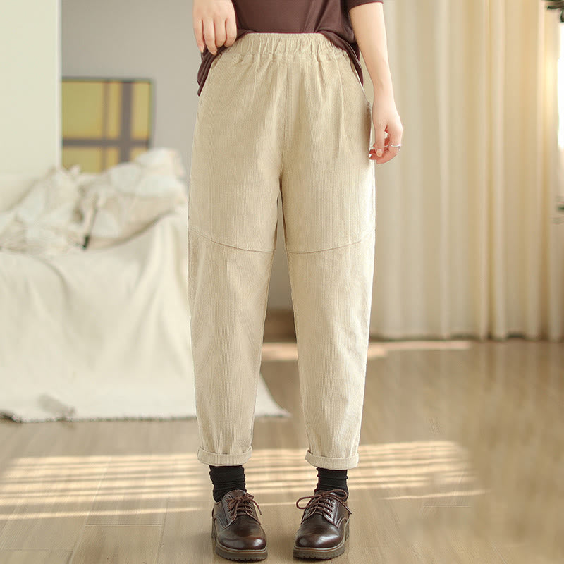 Buddha Stones Damen Haremshose aus schlichtem, konisch zulaufendem Baumwollcord mit Thermo-Fleecefutter und Taschen - Beige - US12， UK/AU16，EU44 (3XL) - image 0