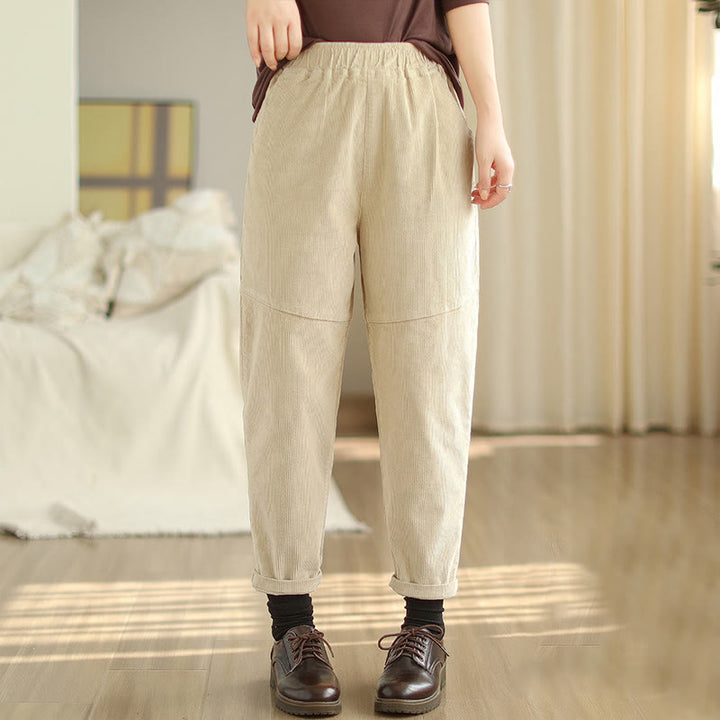 Buddha Stones Damen Haremshose aus schlichtem, konisch zulaufendem Baumwollcord mit Thermo-Fleecefutter und Taschen - Beige - US12， UK/AU16，EU44 (3XL) - image 0
